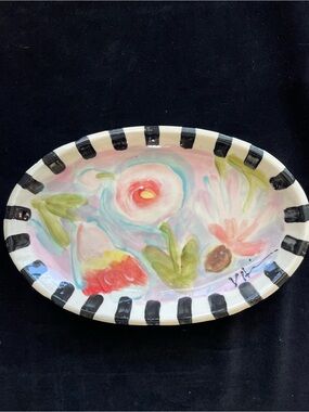 Handmade Ceramic Oval Serving Tray with Large Pink Flowers 12”x8”